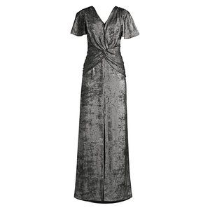 Aidan Mattox Flutter-Sleeve Silver A-Line Gown